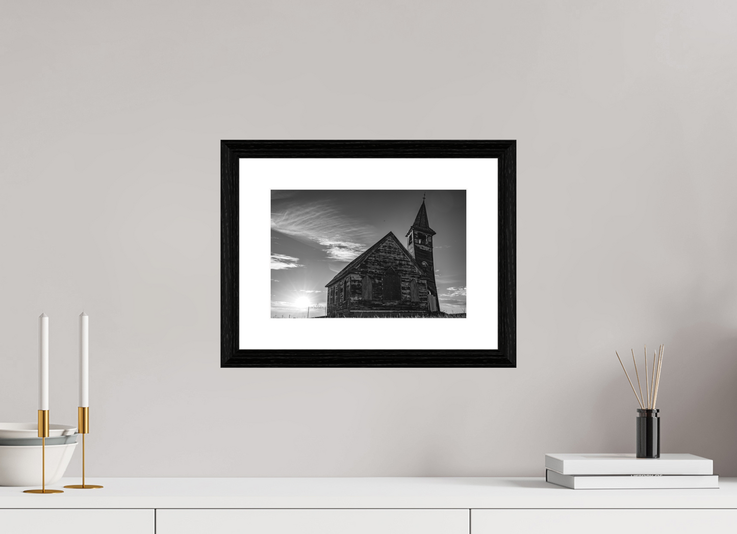 12 x 8″, black and white framed photo St. Olaf Church, Tioga, North Dakota
