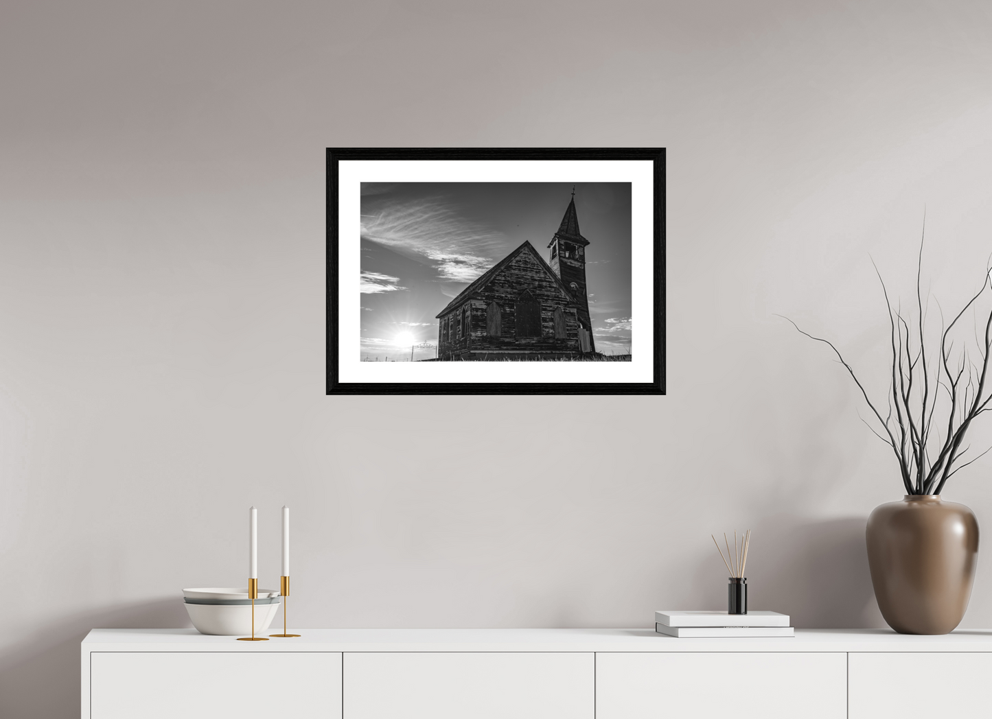 24 x 16″, black and white framed photo St. Olaf Church, Tioga, North Dakota
