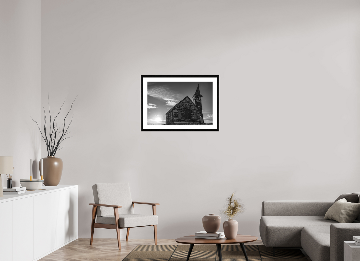 30 x 20″, black and white framed photo St. Olaf Church, Tioga, North Dakota