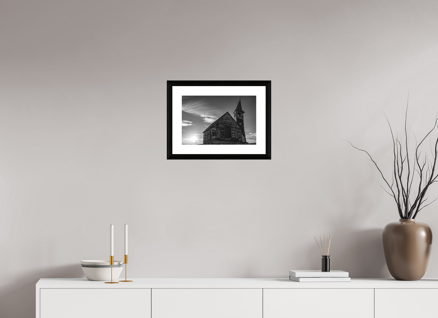 15 x 10″, black and white framed photo St. Olaf Church, Tioga, North Dakota
